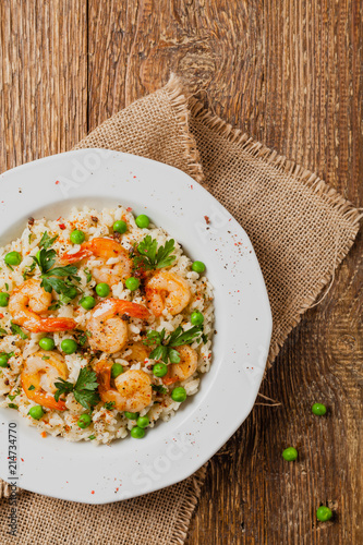 Risotto With Shrimp. Flat lay.