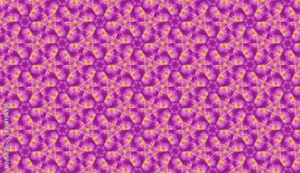 Illustration Art of Beautiful Illusion Kaleidoscope Seamless Pattern Designed From A Flower Showing Its Yellow Pollens and Purple / Violet Petals for Textile, Background, Backdrop, or Wallpaper. Illustration Art of Beautiful Illusion Kaleidoscope Seamless Pattern Designed From A Flower Showing Its Yellow Pollens and Purple / Violet Petals for Textile, Background, Backdrop, or Wallpaper.