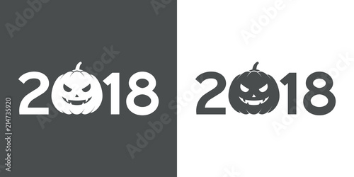 Icono plano 2018 con calabaza Halloween en gris y blanco