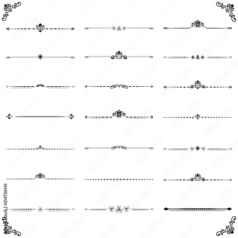 Vintage set of decorative elements. Horizontal separators in the frame. Collection of different ornaments. Classic black and white patterns. Set of vintage patterns