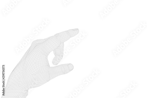 3D left hand in wireframe on white background with index finger pointing upwards to indicate something. 3D reconstruction of a human hand that uses the index to touch or indicate.