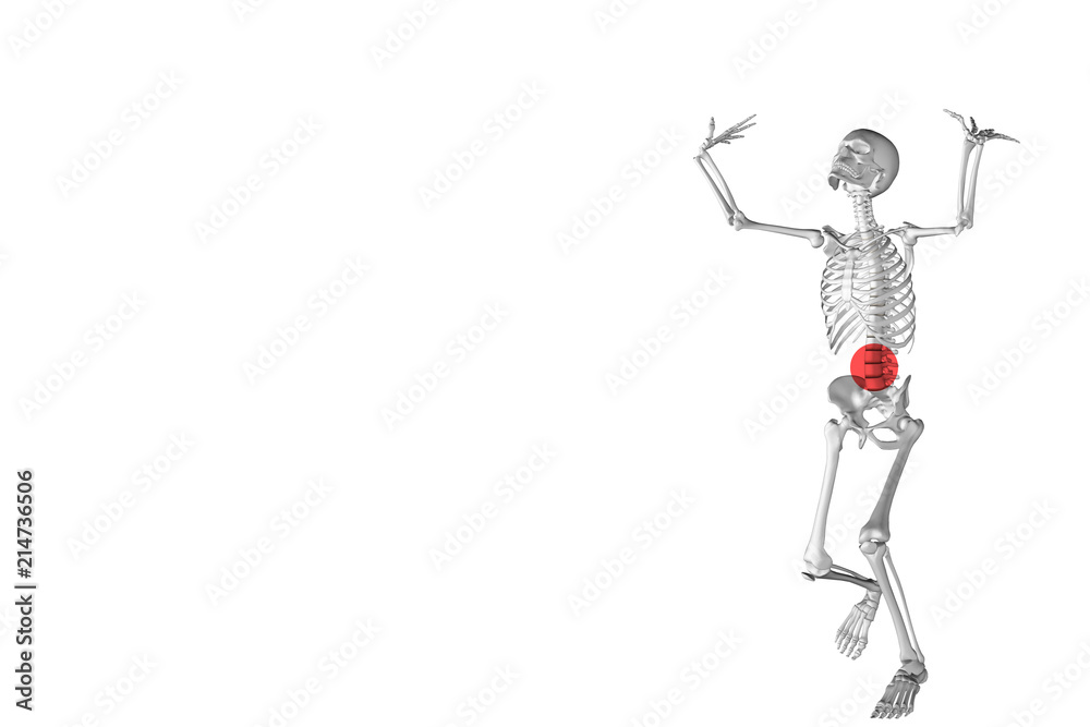 3d skeleton in effort position while lifting a weight. Medical illustration to highlight lower back pain due to fatigue and effort. A red circle highlights the area affected by compressed vertebrae