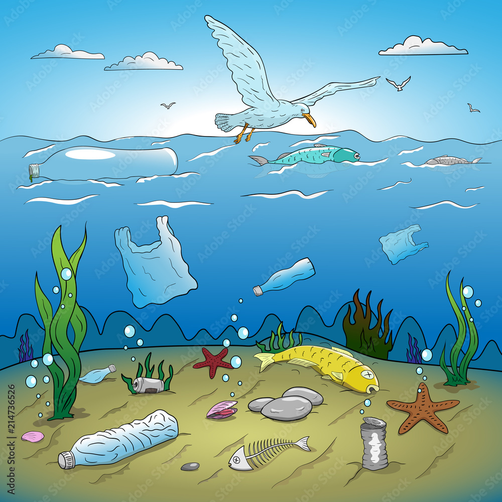 Water plastic pollution vector illustration. Hand drawing. Stock Vector |  Adobe Stock