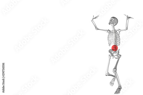 3d skeleton in effort position while lifting a weight. Medical illustration to highlight lower back pain due to fatigue and effort. A red circle highlights the area affected by compressed vertebrae © PAOLO