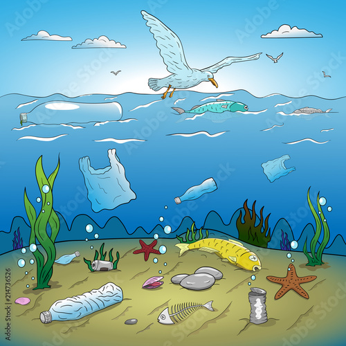 Water plastic pollution vector illustration. Hand drawing.