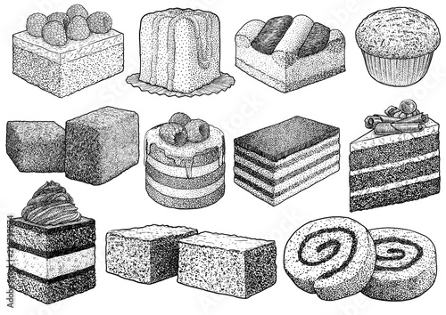 Cake collection illustration, drawing, engraving, ink, line art, vector