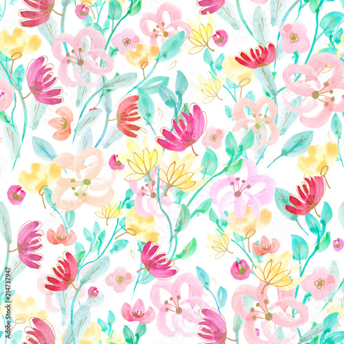 Seamless pattern  watercolor and gold ballpoint pen hand drawn flowers on a white isolated background