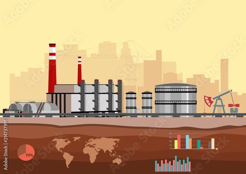 Petroleum oil producing factory, city silhouettes, infographic elements, vector industrial landscape