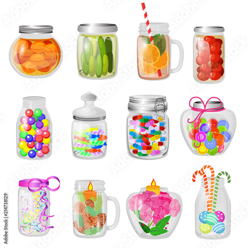 Glass jar vector jam or sweet jelly in mason glassware with lid or cover for canning and preserving illustration glassful set of cuppingglass with conservation isolated on white background