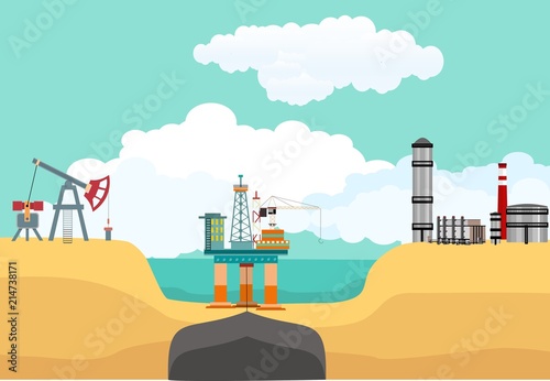 Sea oil drilling offshore platphorm, oil produsing plants on the coast, vector industrial landscape