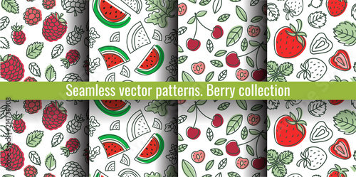 Seamless pattern set. Juicy berry collection. Cherry, strawberry, raspberry, watermelon. Hand drawn color vector sketch background. Colorful doodle wallpaper. Summer print