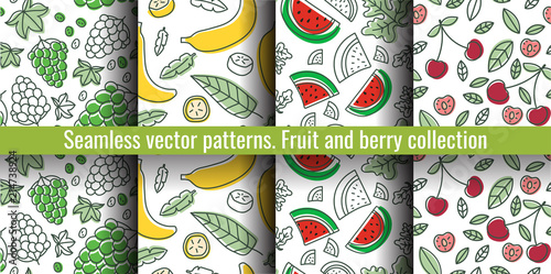Seamless pattern set. Juicy fruit and berry collection. Banana, grape, cherry, watermelon. Hand drawn color vector sketch background. Colorful doodle wallpaper. Summer print