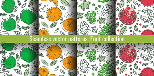 Seamless pattern set. Juicy fruit and berry collection. Grape, apple, garnet, mandarin, pomegranate, tangerine. Hand drawn color vector sketch background. Colorful doodle wallpaper. Summer print