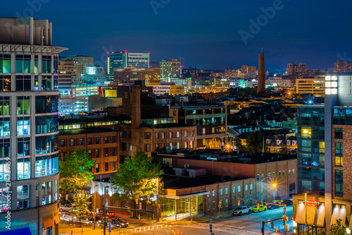 View of Harbor East at night, in Baltimore, Maryland