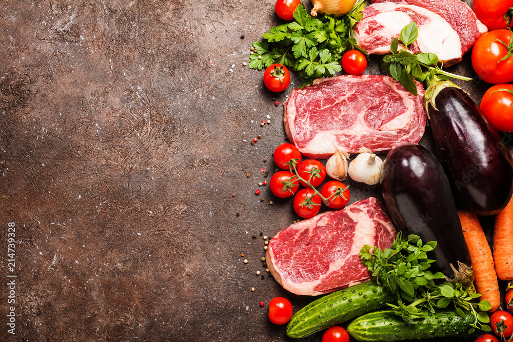 Raw beef meat and vegetables Raw beef meat and vegetables