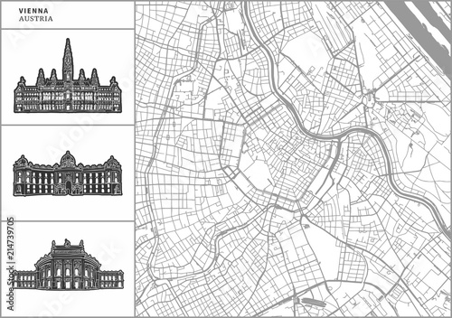 Vienna city map with hand-drawn architecture icons