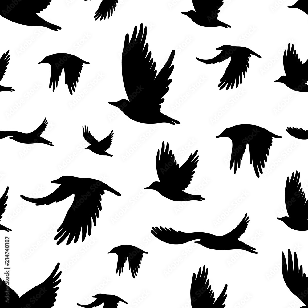 Fototapeta premium Seamless pattern with flock of birds. Vector illustration for printing on clothes, dress, cards, posters, cover for notebook.