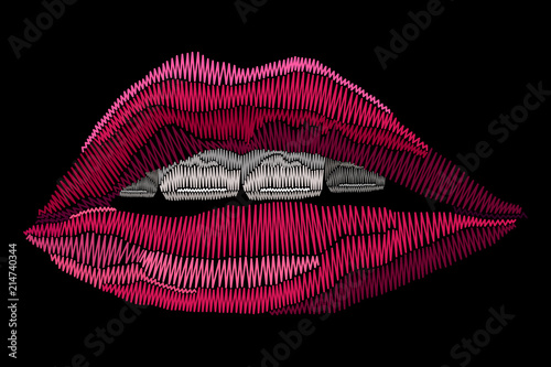 Decorative pattern lips stylized texture of embroidery, imitation of ornamental satin stitch. Vector pattern for printing on fabric, clothes, t-shirt. 