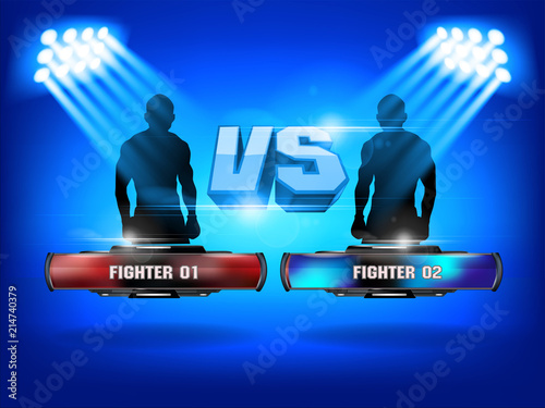 Versus screen design Announcement of two fighters Blue and red corner with lighting and shadow style.
