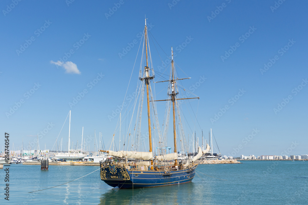 Old sailing ship boat in harbor