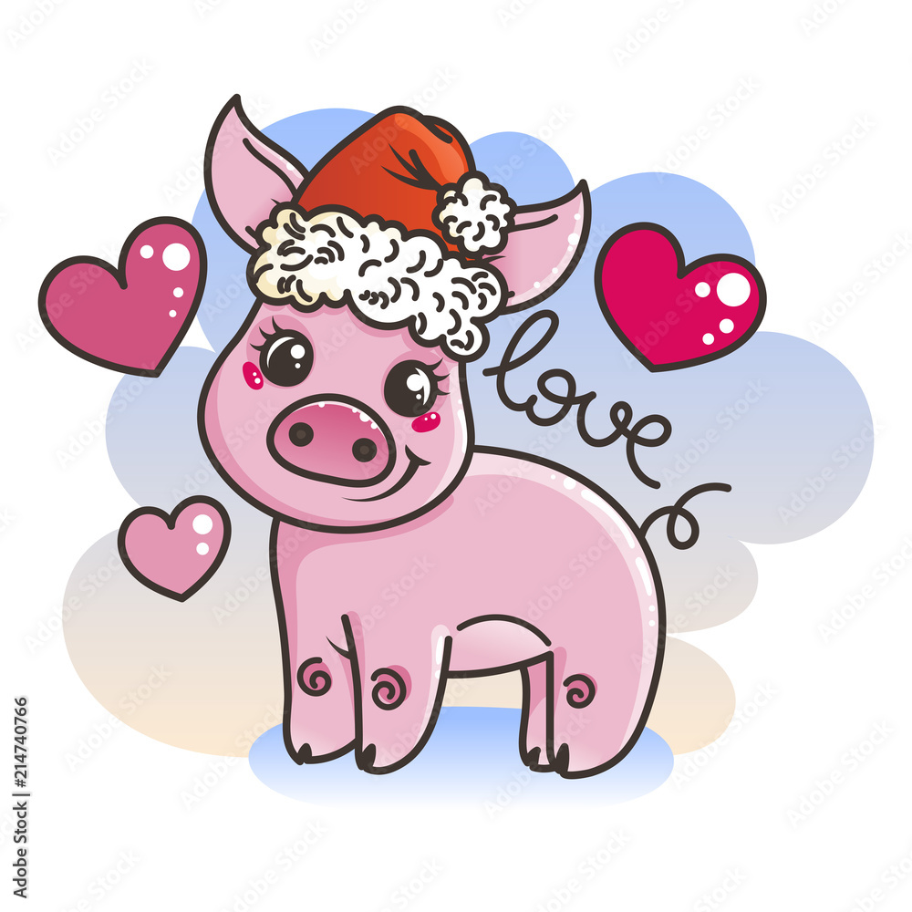 Fototapeta premium Happy New 2019 Year card with cartoon baby pig. Small symbol of holiday.