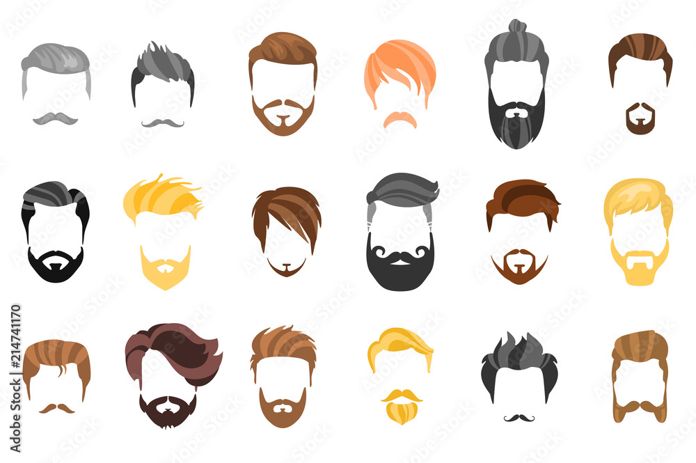 Hair, beard and face, hair, mask cutout cartoon flat collection. Vector  men's hairstyle, illustration, beard and hair. Hairstyles icons isolated  hairstyles for white background isolated. Stock Vector | Adobe Stock