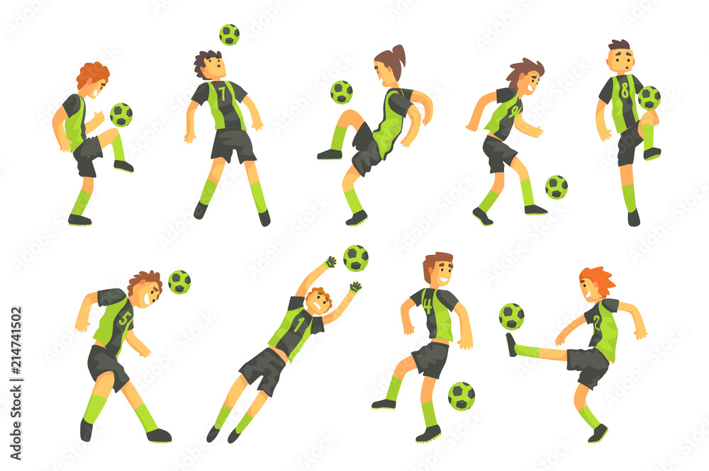 Fototapeta Football Players Of One Team With Ball Isolated Illustration Set