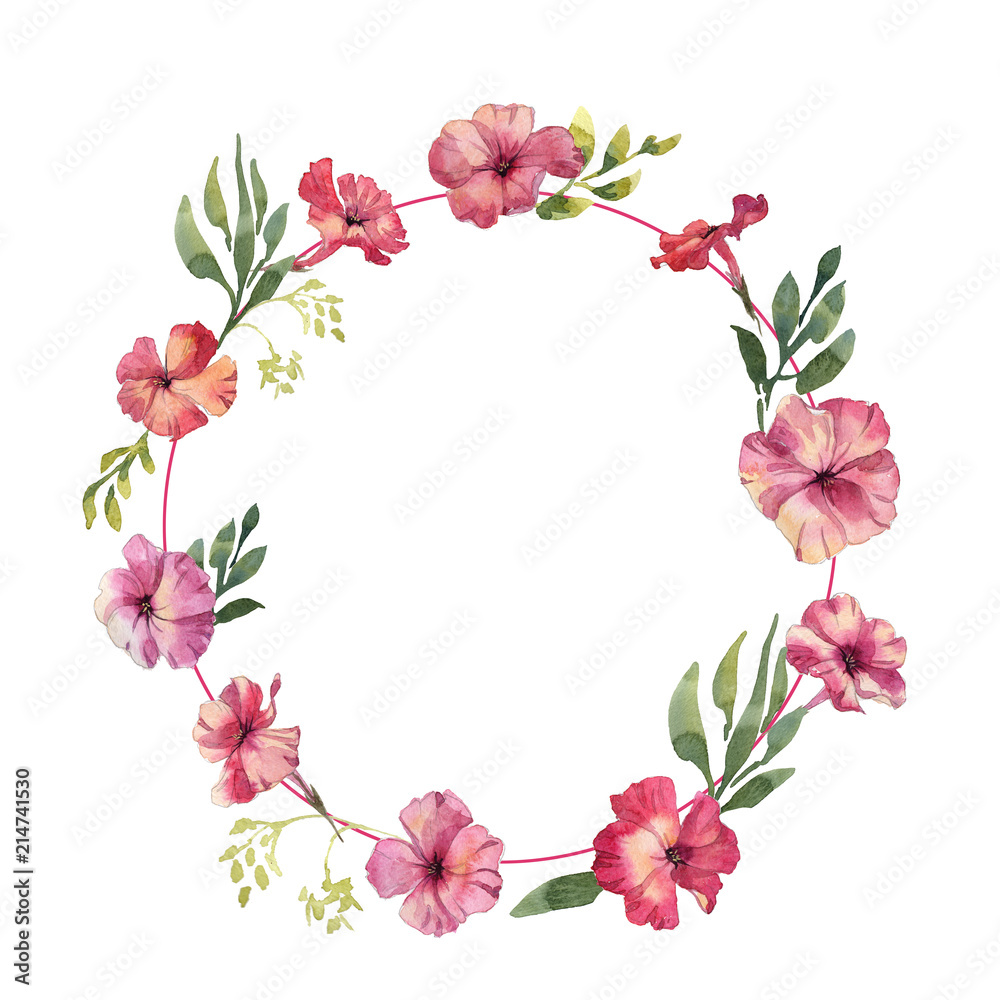 Phlox flowers hand drawn watercolor wreath wedding frame