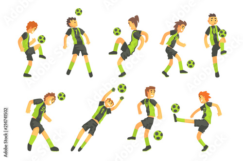 Football Players Of One Team With Ball Isolated Illustration Set