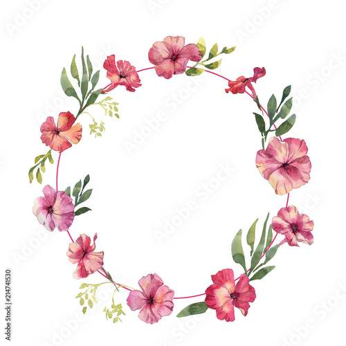 Fototapeta Naklejka Na Ścianę i Meble -  Phlox flowers hand drawn watercolor wreath wedding frame