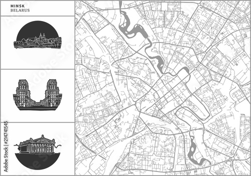 Wallpaper Mural Minsk city map with hand-drawn architecture icons