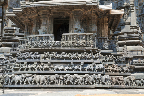 Facade and decorative friezes with animal figures, Chennakeshava temple. Belur, Karnataka. South East view.