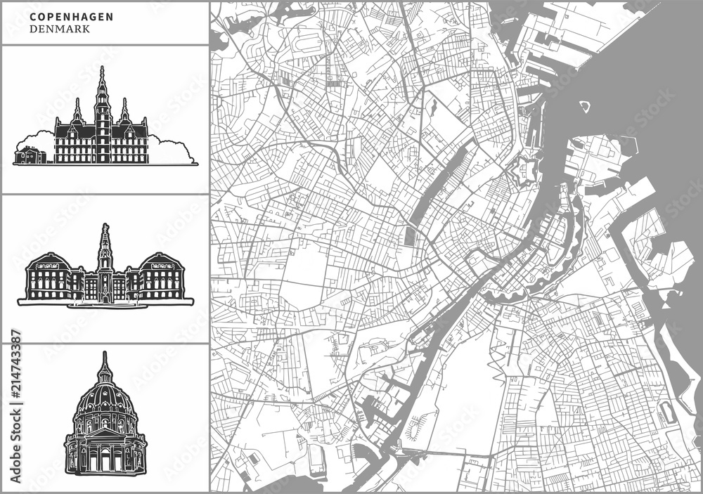 Fototapeta premium Mapa miasta Kopenhagi z ręcznie rysowane ikony architektury