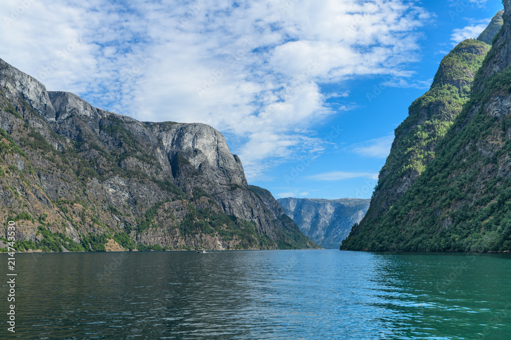 Nice view of the Scandinavian fjord. Neroyfjord offshoot of Sognefjord is the narrowest fjord in Europe. Hardaland, Norway, Europe.
