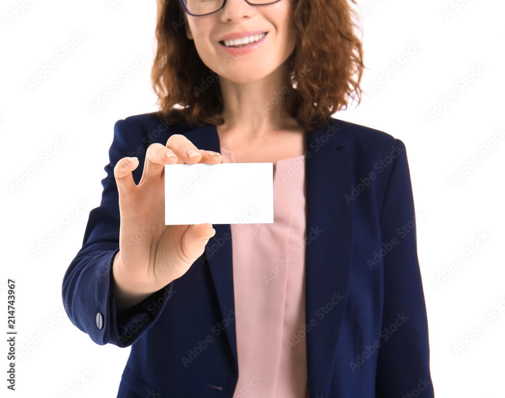 Woman with business card on white background Woman with business card on white background