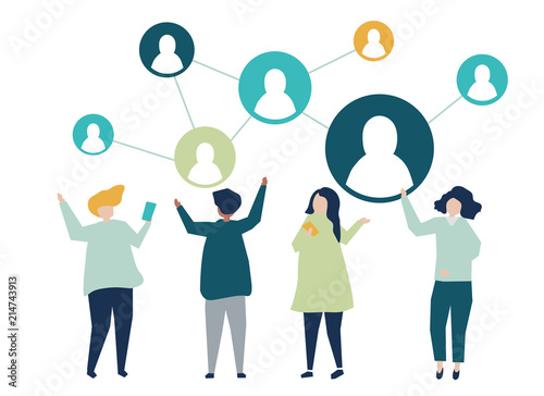 Characters of people and their social network illustration
