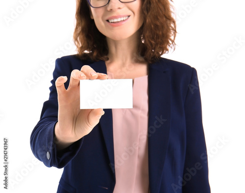Woman with business card on white background