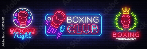 Collection Boxing neon signs. Design vector template. Boxing Tournament Night Logo, Bright Neon Signboard, Design Element for Sports, Fight Night Neon, Bright Night Advertising. Vector Illustration