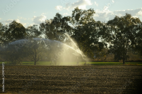 an industrial large water sprinkler spraying water on a farm in rural New South Wales, Australia © fieldofvision
