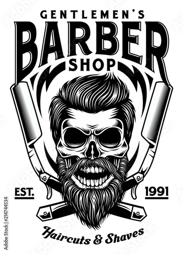 Vintage Bearded Barber Skull With Crossed Razors 