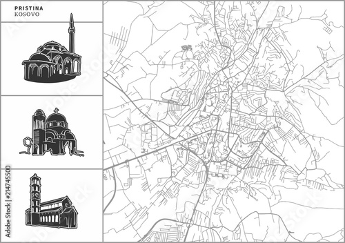 Pristina city map with hand-drawn architecture icons