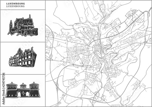 Luxembourg city map with hand-drawn architecture icons photo