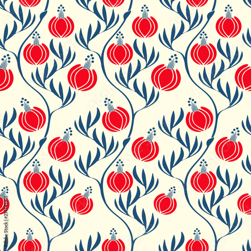 asian style floral seamless pattern with bell flowers in red and blue