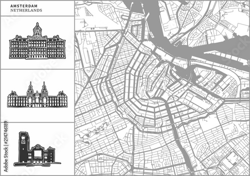 Amsterdam city map with hand-drawn architecture icons