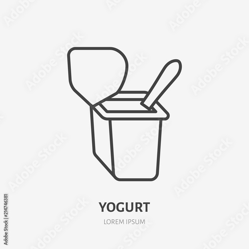 Yogurt with spoon flat logo, breakfast icon. Dairy product vector illustration. Sign for healthy food store.