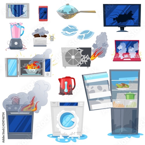 Broken appliance vector damaged homeappliances or burnt electrical household equipment in fire illustration set of burnt-out refrigerator or washing machine in damage isolated on white background
