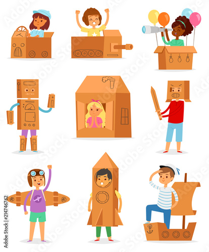 Kids in box vector creative children character playing in boxed house and boy or girl in carton plane or paper ship illustration set of childish package creativity isolated on white background