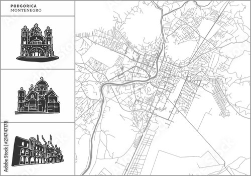Obraz na plátně Podgorica city map with hand-drawn architecture icons
