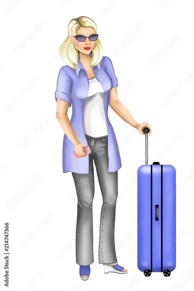 Blonde woman in glasses with suitcase and phone Blonde woman in glasses with suitcase and phone