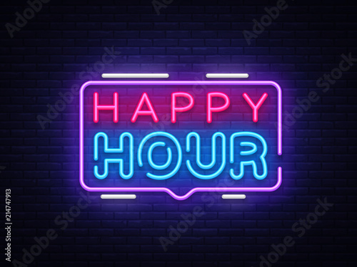 Happy Hour neon sign vector design template. Happy Hour neon logo, light banner design element colorful modern design trend, night bright advertising, brightsign. Vector illustration